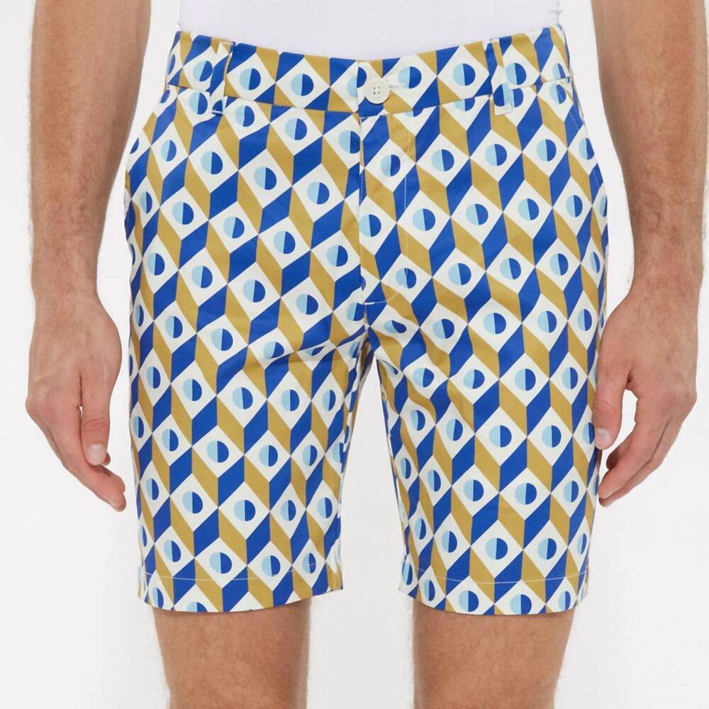 NEW POSTMARC men's cubes woven printed shorts in ochre/royal